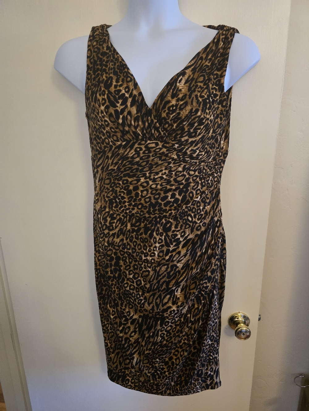 Ralph Lauren Leopard Print V-Neck Sleeveless Midi Dress - Brown/Black Sz 12 - Picture 2 of 9